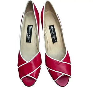 Vintage Etienne Aigner Red Leather Peep Toe Thick Block Heel Size 8.5M